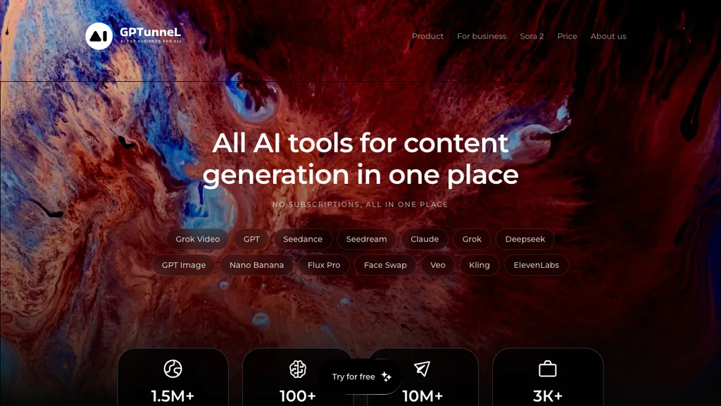 GPTunneL AI platform homepage with a catalogue of content generation models