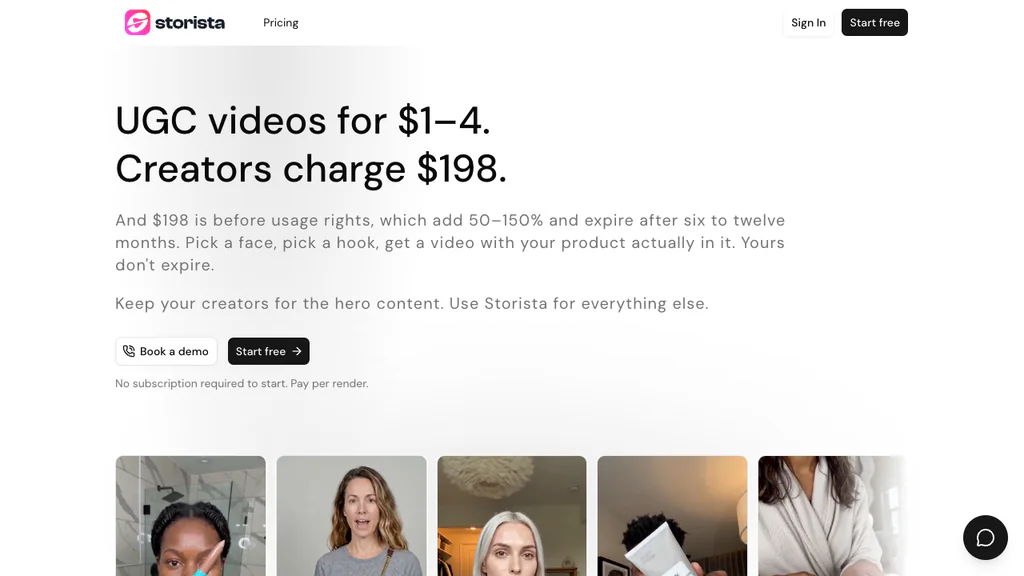 Storista AI homepage with examples of UGC videos created by the platform